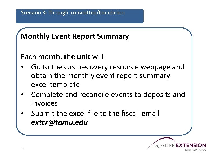 Scenario 3 - Through committee/foundation Monthly Event Report Summary Each month, the unit will: