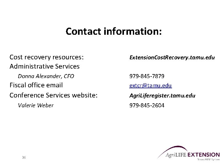 Contact information: Cost recovery resources: Administrative Services Donna Alexander, CFO Fiscal office email Conference