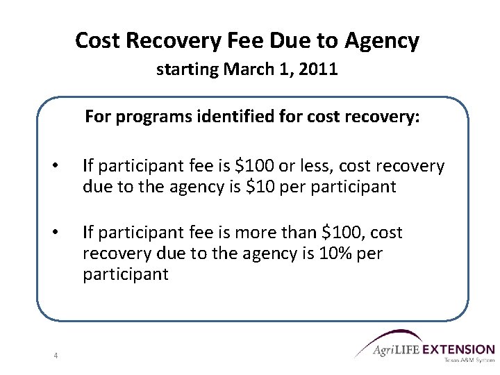 Cost Recovery Fee Due to Agency starting March 1, 2011 For programs identified for