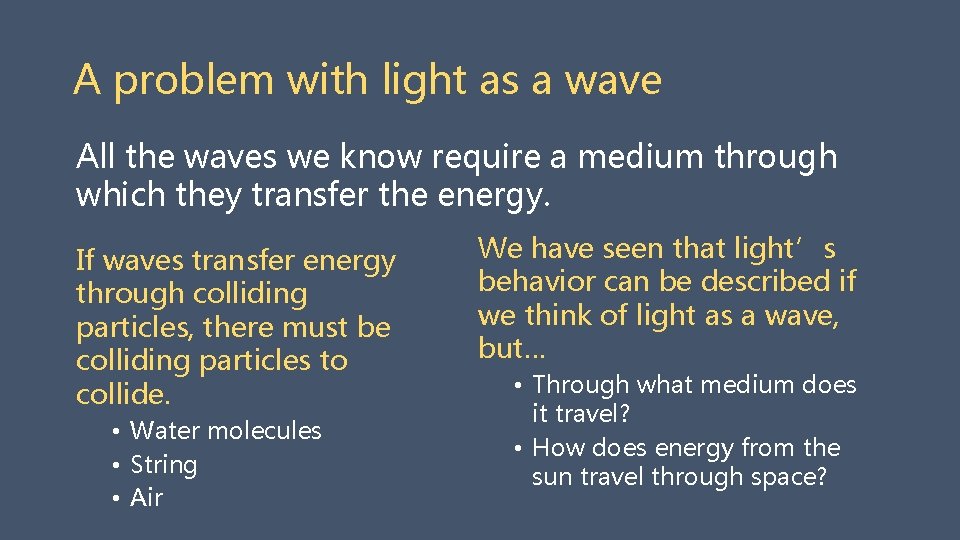 A problem with light as a wave All the waves we know require a