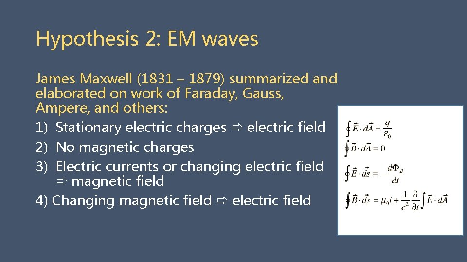 Hypothesis 2: EM waves James Maxwell (1831 – 1879) summarized and elaborated on work