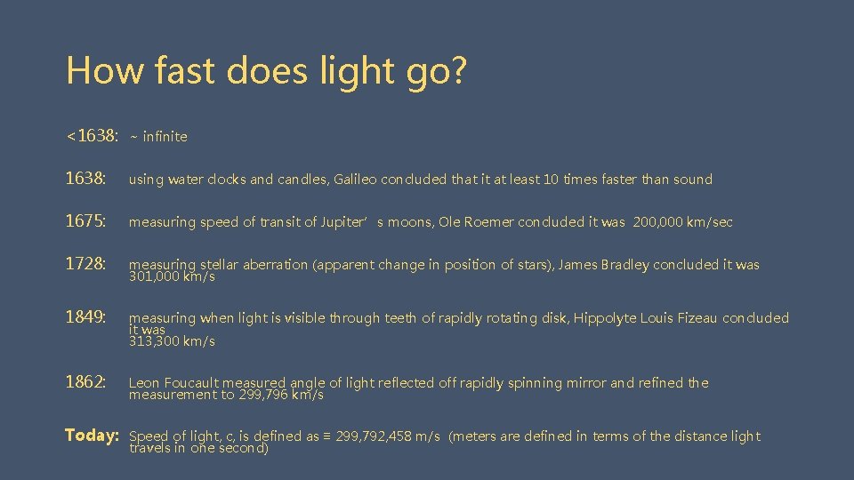 How fast does light go? <1638: ~ infinite 1638: using water clocks and candles,