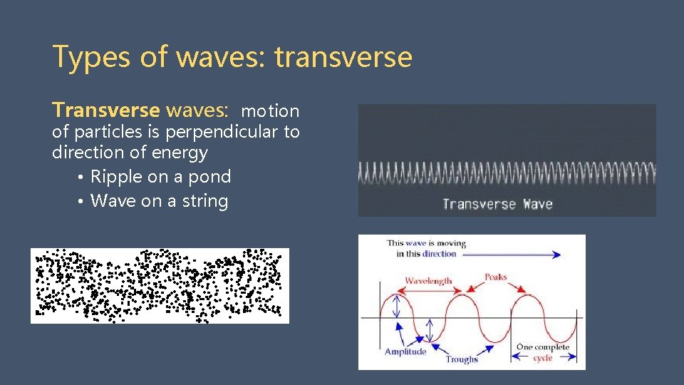 Types of waves: transverse Transverse waves: motion of particles is perpendicular to direction of