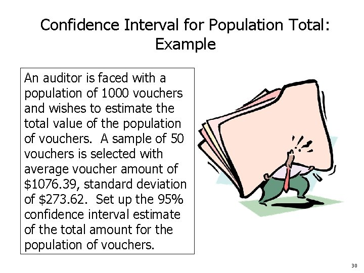 Confidence Interval for Population Total: Example An auditor is faced with a population of
