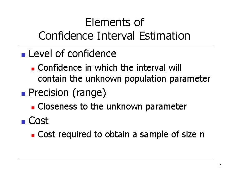 Elements of Confidence Interval Estimation n Level of confidence n n Precision (range) n