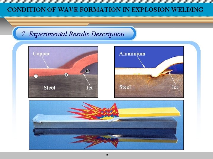 CONDITION OF WAVE FORMATION IN EXPLOSION WELDING 7. Experimental Results Description 8 