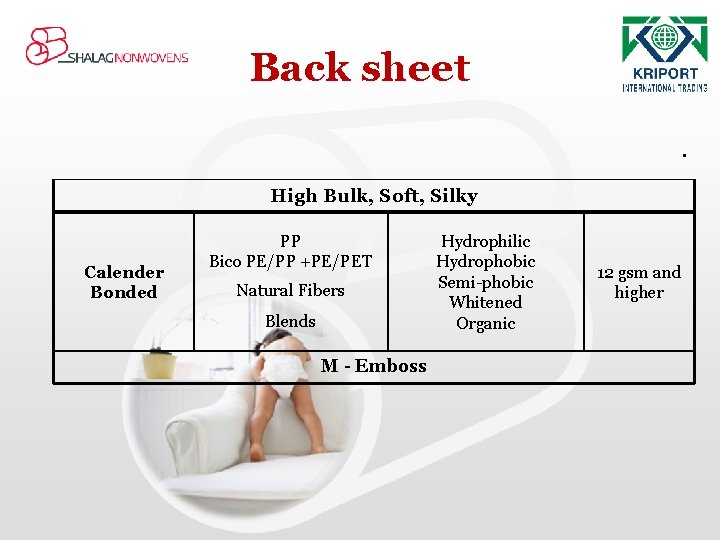 Back sheet. High Bulk, Soft, Silky Calender Bonded PP Bico PE/PP +PE/PET Natural Fibers