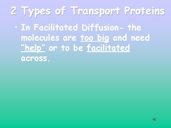 2 Types of Transport Proteins • In Facilitated Diffusion- the molecules are too big 2 Types of Transport Proteins • In Facilitated Diffusion- the molecules are too big