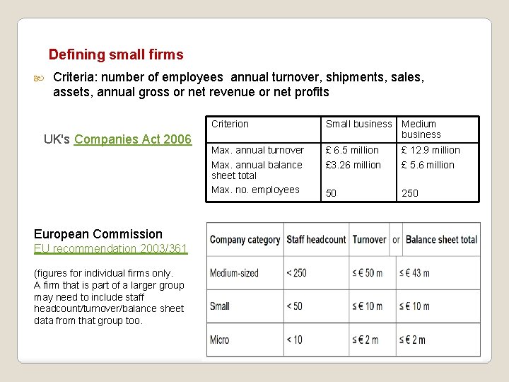 Defining small firms Criteria: number of employees annual turnover, shipments, sales, assets, annual gross