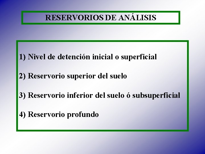 RESERVORIOS DE ANÁLISIS 1) Nivel de detención inicial o superficial 2) Reservorio superior del