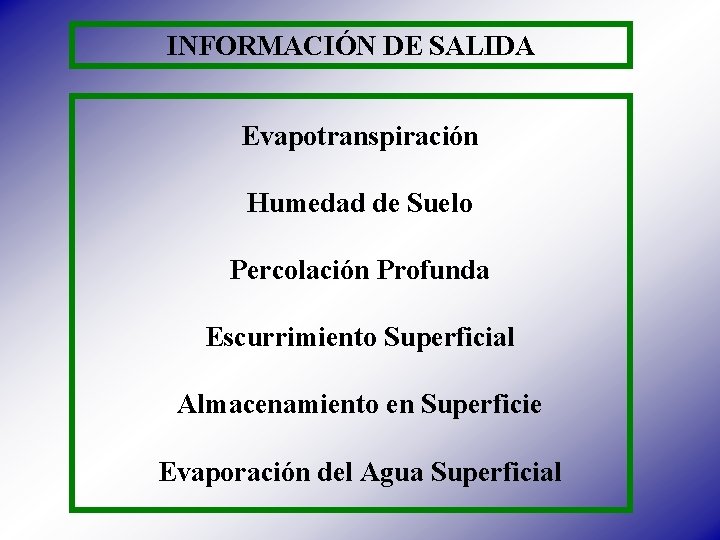 INFORMACIÓN DE SALIDA Evapotranspiración Humedad de Suelo Percolación Profunda Escurrimiento Superficial Almacenamiento en Superficie