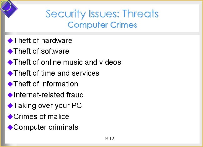Security Issues: Threats Computer Crimes u. Theft of hardware u. Theft of software u.