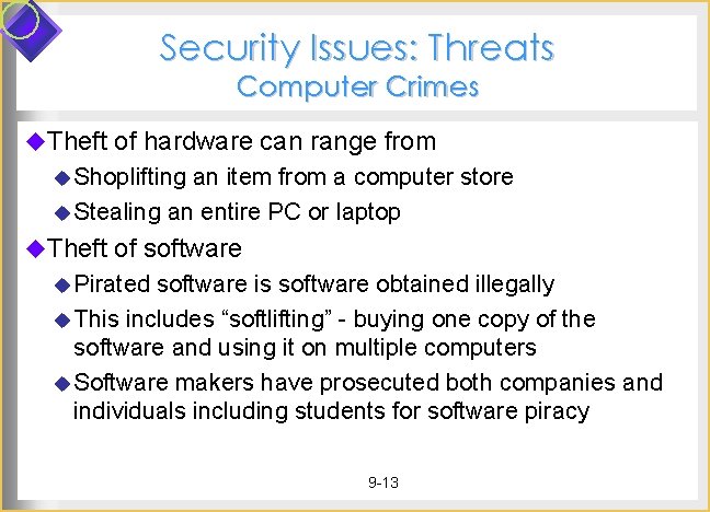 Security Issues: Threats Computer Crimes u. Theft of hardware can range from u Shoplifting