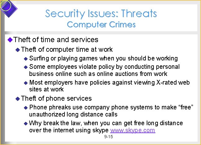 Security Issues: Threats Computer Crimes u. Theft of time and services u Theft of