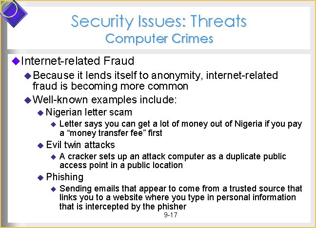 Security Issues: Threats Computer Crimes u. Internet-related Fraud u Because it lends itself to