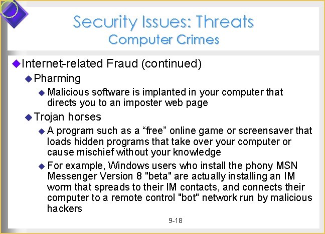 Security Issues: Threats Computer Crimes u. Internet-related Fraud (continued) u Pharming u Malicious software