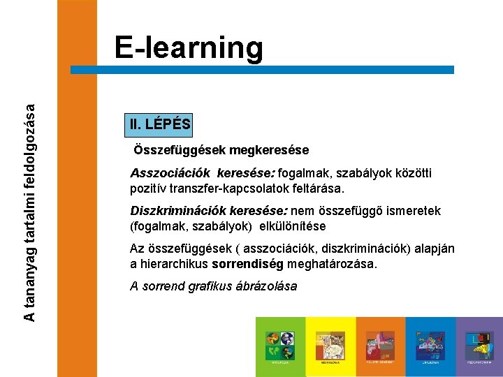 A tananyag tartalmi feldolgozása E-learning II. LÉPÉS Összefüggések megkeresése Asszociációk keresése: fogalmak, szabályok közötti