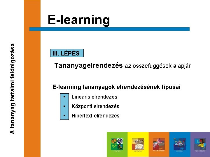 A tananyag tartalmi feldolgozása E-learning III. LÉPÉS Tananyagelrendezés az összefüggések alapján E-learning tananyagok elrendezésének