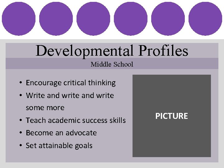 Developmental Profiles Middle School • Encourage critical thinking • Write and write some more