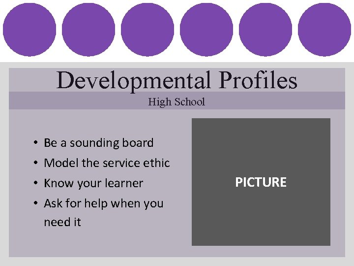 Developmental Profiles High School • • Be a sounding board Model the service ethic