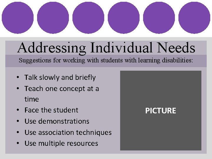 Addressing Individual Needs Suggestions for working with students with learning disabilities: • Talk slowly