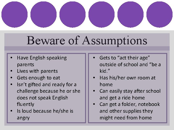 Beware of Assumptions • Have English speaking parents • Lives with parents • Gets