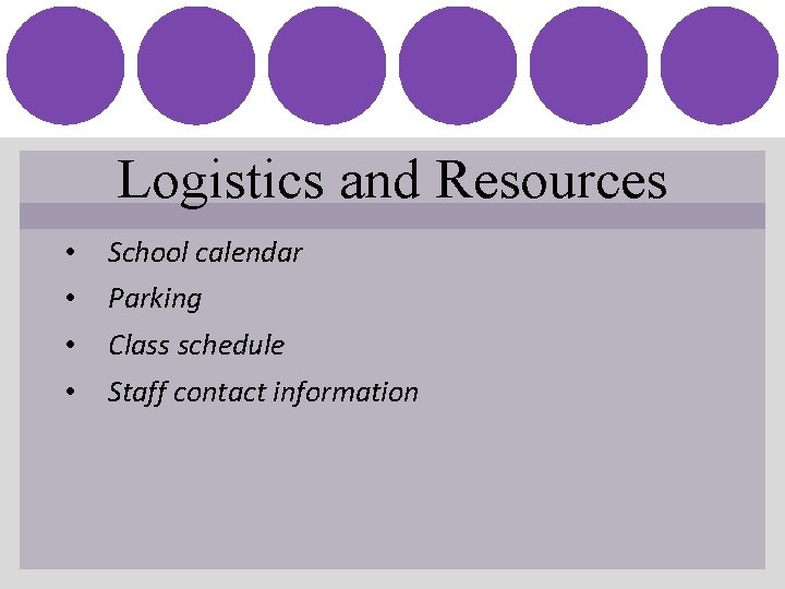 Logistics and Resources • • School calendar Parking Class schedule Staff contact information 
