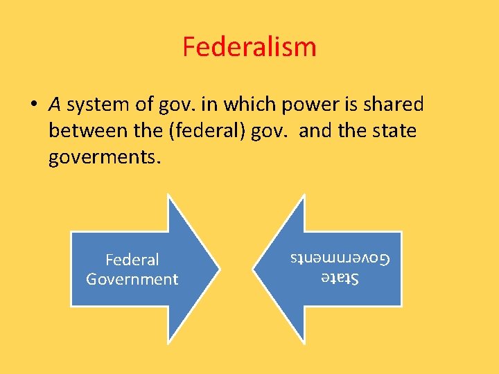 Federalism • A system of gov. in which power is shared between the (federal)