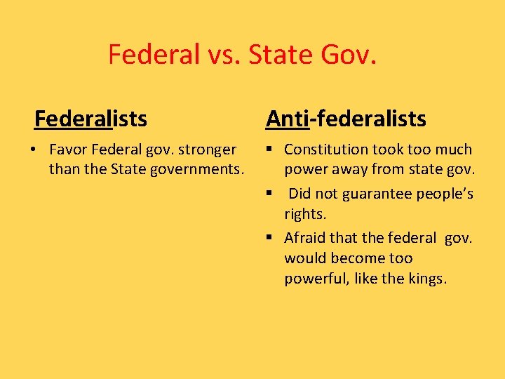 Federal vs. State Gov. Federalists Anti-federalists • Favor Federal gov. stronger than the State