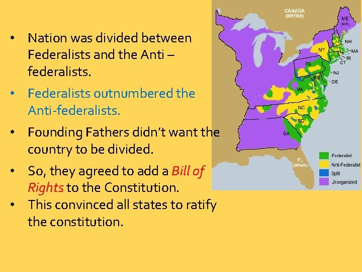  • Nation was divided between Federalists and the Anti – federalists. • Federalists