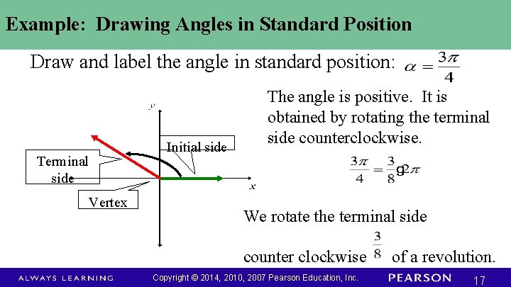 Example: Drawing Angles in Standard Position Draw and label the angle in standard position:
