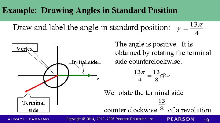 Example: Drawing Angles in Standard Position Draw and label the angle in standard position: