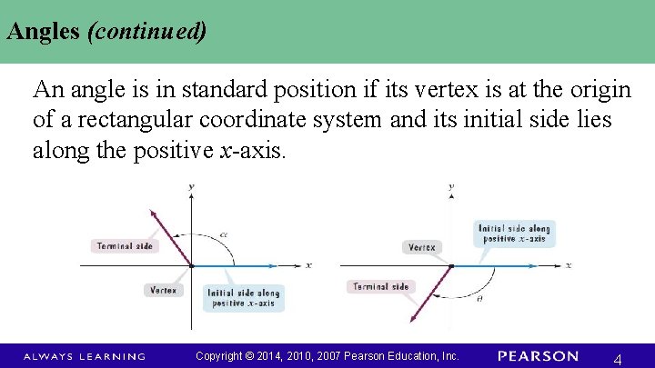 Angles (continued) An angle is in standard position if its vertex is at the