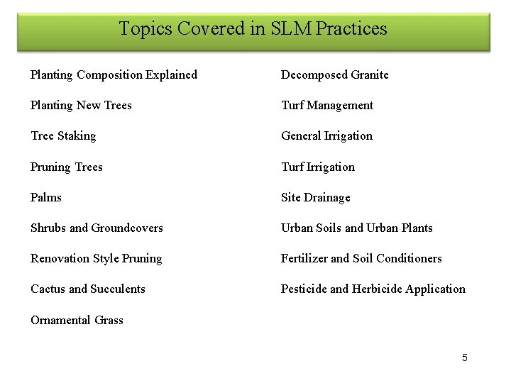 Topics Covered in SLM Practices Planting Composition Explained Decomposed Granite Planting New Trees Turf