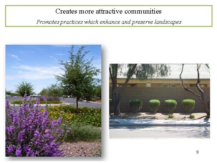 Creates more attractive communities Promotes practices which enhance and preserve landscapes 9 