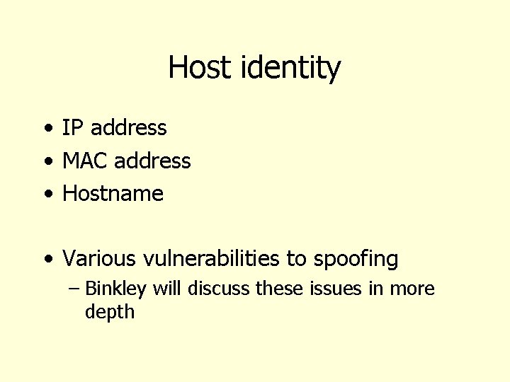 Host identity • IP address • MAC address • Hostname • Various vulnerabilities to