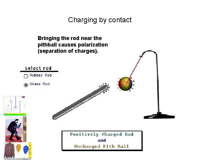 Charging by contact Bringing the rod near the pithball causes polarization (separation of charges).