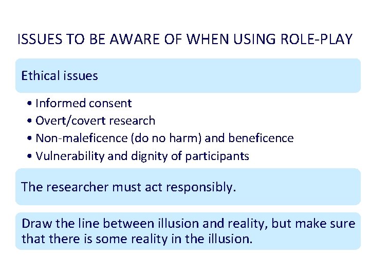 ISSUES TO BE AWARE OF WHEN USING ROLE-PLAY Ethical issues • Informed consent •