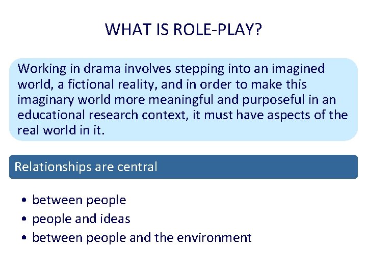 WHAT IS ROLE-PLAY? Working in drama involves stepping into an imagined world, a fictional