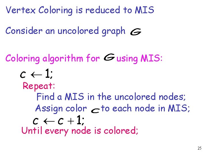 Vertex Coloring is reduced to MIS Consider an uncolored graph Coloring algorithm for using