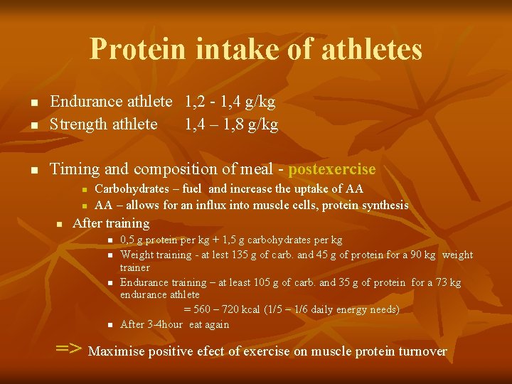 Protein intake of athletes n Endurance athlete 1, 2 - 1, 4 g/kg Strength