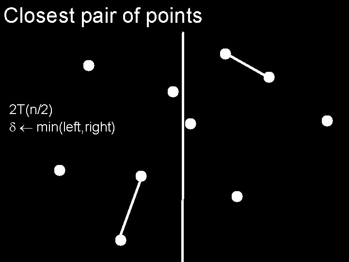 Closest pair of points 2 T(n/2) min(left, right) 