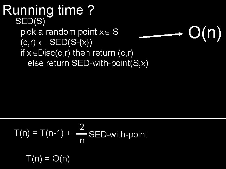 Running time ? SED(S) pick a random point x S (c, r) SED(S-{x}) if