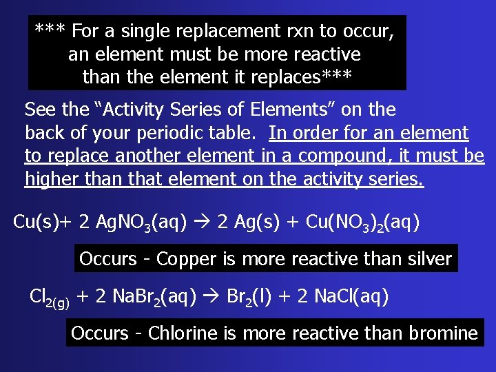 *** For a single replacement rxn to occur, an element must be more reactive