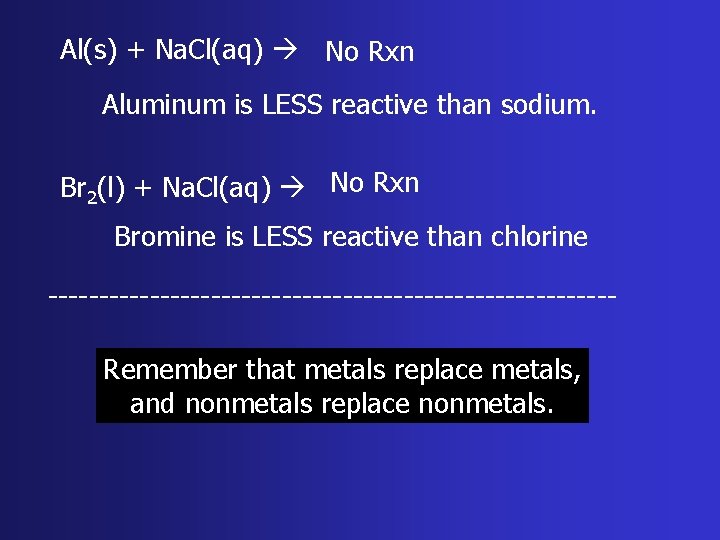 Al(s) + Na. Cl(aq) No Rxn Aluminum is LESS reactive than sodium. Br 2(l)