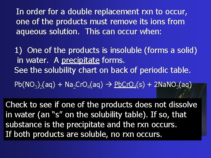 In order for a double replacement rxn to occur, one of the products must