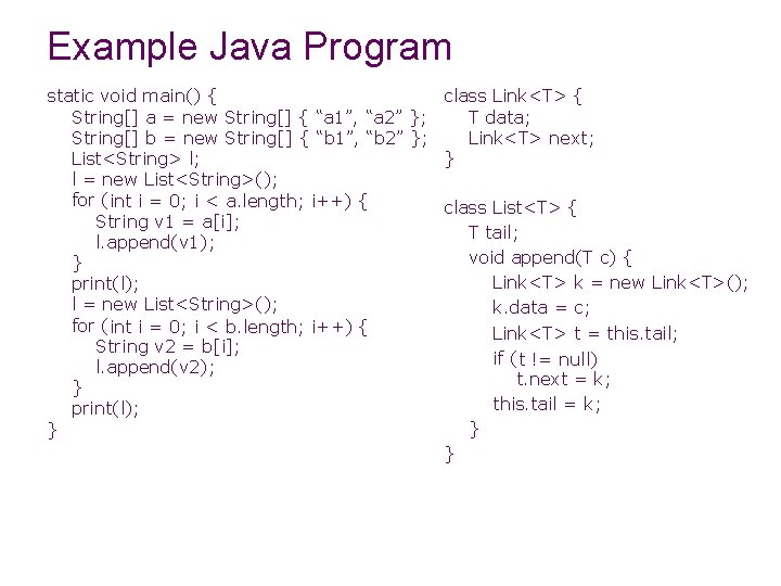Example Java Program static void main() { class Link<T> { String[] a = new