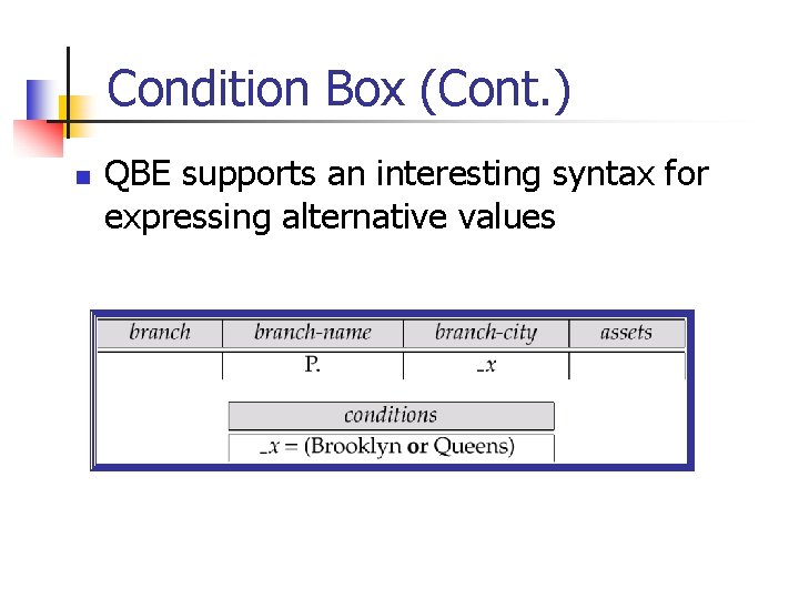 Condition Box (Cont. ) n QBE supports an interesting syntax for expressing alternative values