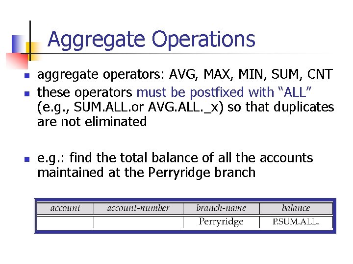 Aggregate Operations n n n aggregate operators: AVG, MAX, MIN, SUM, CNT these operators