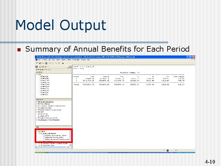 Model Output n Summary of Annual Benefits for Each Period 4 -10 